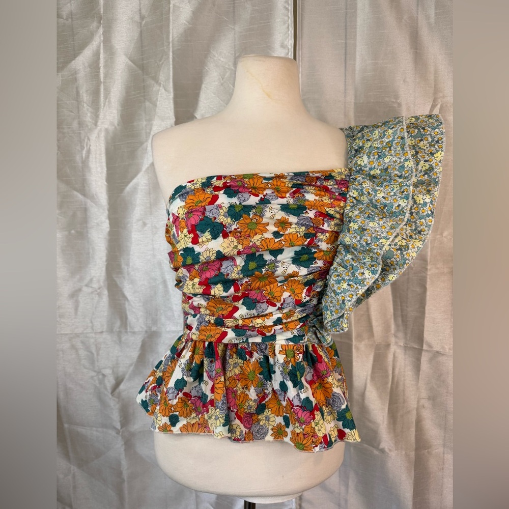 Umgee Floral One-Shoulder Ruffled Peplum Top - Multicolor